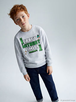 Bisiklet Yaka Minecraft Bask?l? Erkek ?ocuk Kal?n Sweatshirt