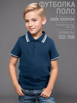 Футболка детская Поло, кор. рукав, цвет т.Синий, пике, 100% хлопок