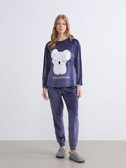 Bisiklet Yaka Nak??l? Uzun Kollu Kadife Kad?n Pijama Tak?m?