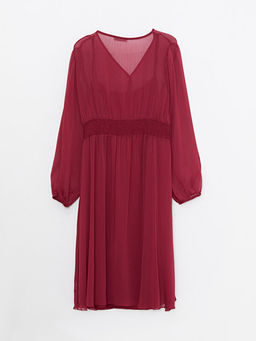 V Yaka D?z Uzun Kollu ?ifon Elbise