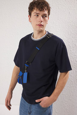 Lacivert Oversize/Geni_ Kesim Triko Bantl_ Dokulu Pike T-Shirt TMNSS23TS00079