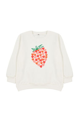 Ekru*001 K?z Cocuk Mevsimlik-Ince Cilek Desenli Orme Sweatshirt TKDAW25SW00001