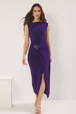 TRENDYOLMILLA Mor Bodycone/Vucuda Oturan Aksesuar Detayl? Ay Kol Kay?k Yaka Midi Orme Elbise TWOSS25EL00699  фото 7