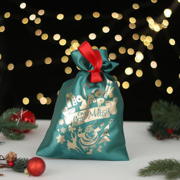 Цена за 5 шт. Мешок Подарок от Деда Мороза, атлас, с завязками, зелёный, 20х30 см