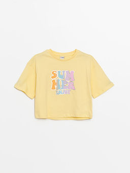 Bisiklet Yaka Bask?l? K?sa Kollu K?z ?ocuk Crop Ti??rt