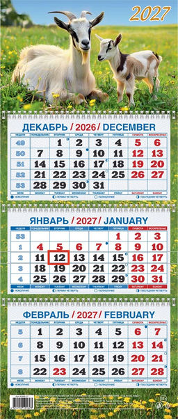 Календарь квартальный настен. 3-х блочный, 195*465мм, 2027г. "Год козы. Вид 3" (КМ04-27)