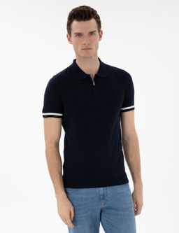 Lacivert Slim Fit Fermuarl_ Polo Yaka Triko Kazak