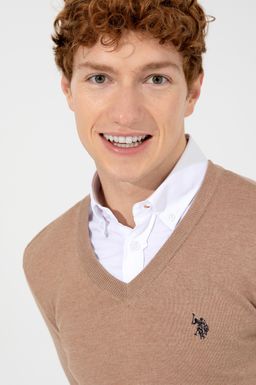 U. S. Polo Assn Мужской базовый трикотажный свитер светло-коричневого цвета с v-образным вырезом и меланжевым принтом - U.s. polo assn фото 2