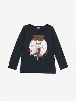 Bisiklet Yaka Bask?l? Uzun Kollu K?z ?ocuk Ti??rt