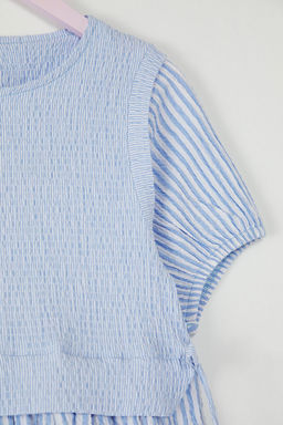 Bebe Mavisi K?z Cocuk Pamuklu Cizgili K?sa Kol Dokuma Elbise TKDSS25EL00031 - Trendyolmilla фото 3