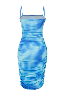TRENDYOLMILLA Mavi Soyut Desenli Buzgu/Drape Detayl? Vucuda Oturan Esnek Orme Mini Kalem Elbise TWOSS24EL00385