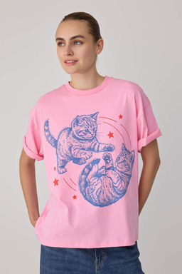 A__k Pembe Bask_l_ Oversize Bisiklet Yaka D___k Kol K_sa Uzun %100 Pamuk _rme T-Shirt TWOSS26TS00371