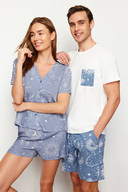 Ekru Mavi Bask_l_ Regular Fit Couple/_ift _rme _ortlu Pijama Tak_m_ TMNSS24PT00018