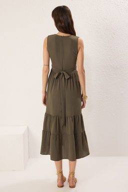 Haki Duz Etegi Belden Ac?lan Kruvaze Midi Dokuma Elbise TWOSS25EL00201 - Trendyolmilla фото 4