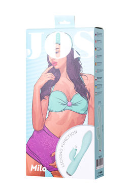 Вибратор с клиторальным стимулятором и язычком, JOS MILO, силикон, голубой, 20 см  фото 7