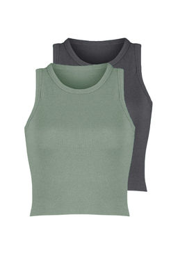 Antrasit-Mint 2li Paket Vucuda Oturan Crop Halter Yaka Fitilli Esnek Orme Atlet TWOSS21AL0058