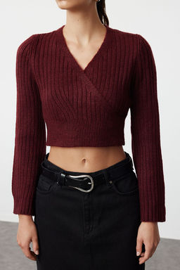Bordo Crop Yumusak Dokulu Kruvaze Triko Kazak TWOAW24KZ00381