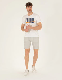 Gri Slim Fit Beli Lastikli _izgili Ba_c_kl_ Bermuda _ort