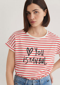 Love You Bask?l? Cizgili Istanbul Tisort - Mavi фото 3