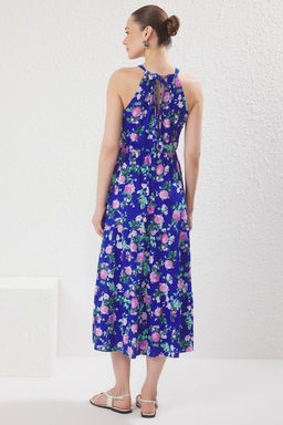 Mavi Desenli Boyundan Baglamal? Bask?l? A-Line Maxi Orme Elbise TWOSS23EL00705