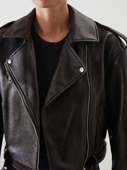 Biker Yaka Kemerli Kad?n Deri G?r?n?ml? Ceket