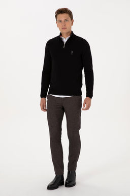 Erkek Slim Fit Yar_m Fermuarl_ Siyah Kazak