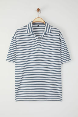 TRENDYOL MAN Limited Edition Ekru-Mavi Cizgili Oversize/Genis Kesim Polo Yaka T-shirt TMNSS25PO00004 - Trendyolmilla фото 3