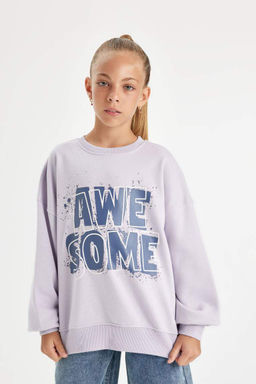 Сиреневый свитшот оверсайз с широким кроем и круглым вырезом с принтом для девочек - Defacto фото 3
