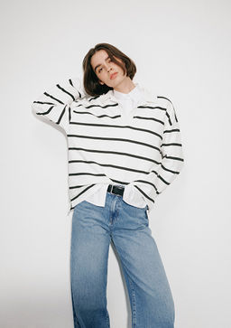 Siyah Cizgili Polo Yaka Sweatshirt