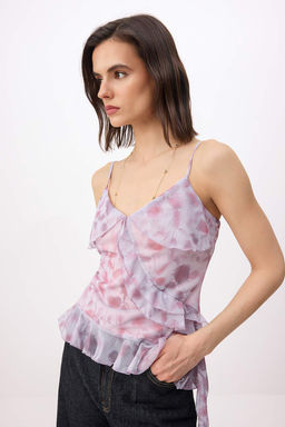 Cok Renkli Cicekli Fitted/Vucuda Oturan V Yaka Kolsuz F?rf?rl? Tul Orme Bluz TWOSS26BZ00483