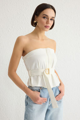Ekru Crop Straplez Kusakl? Dokuma Bluz TWOSS25BZ00061 - Trendyolmilla фото 2