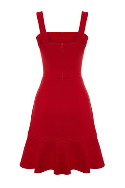K?rm?z? Nervur Detayl? Etegi Volanl? Ask?l? A Kesim Dokuma Mini Elbise TWOSS20EL2504