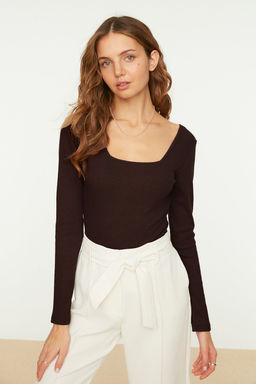 TRENDYOLMILLA Siyah Kare Yaka Uzun Kollu Fitilli Esnek C?tc?tl? Orme Body TWOAW21BD0022  фото 11