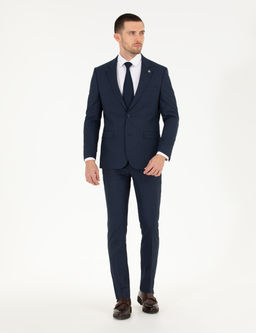 Ekose Lacivert Slim Fit Tak_m Elbise
