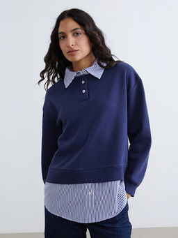 G?mlek Yaka ?izgili Kad?n Kal?n Sweatshirt Tunik