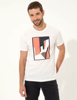 Ekru Slim Fit Bask_l_ Bisiklet Yaka Ti__rt