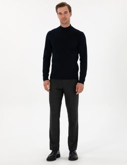 Lacivert Slim Fit Y_n Kar___ml_ Yar_m Bal_k__ Basic Triko Kazak