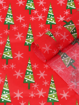 Цена за 10 шт. Бумага упаковочная новогодняя тишью Зимний лес, красная, 50?66 см