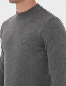 Gri Melanj Slim Fit _eyrek Yaka Basic Triko Kazak