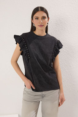 TRENDYOLMILLA Antrasit Relaxed/Rahat Kal?p Y?kamal? Troklu Orme T-Shirt TWOSS25TS00158