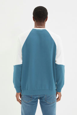 Indigo Oversize/Genis Kesim Reglan Kol Renk Bloklu Bask?l? Pamuk Sweatshirt TMNAW22SW1214