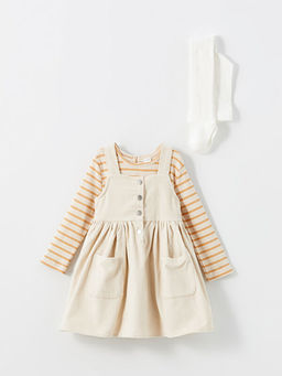 Kare Yaka Kadife K?z Bebek Elbise ve Ti??rt 2li