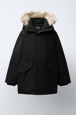 LONG FEATHER AND DOWN WATER-REPELLENT PUFFER JACKET WITH DETACHABLE FAUX FUR HOOD
