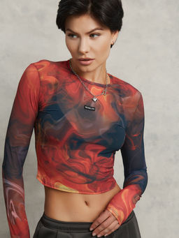 Укороченный принтованный рашгард из эластичной сетки с длинным рукавом