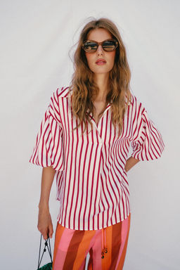 CAMISA RAYAS MANGA ABULLONADA / Rojo / Blanco