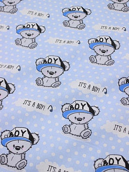 Поплин Мишутки-мальчишки на голубом в белый горох, СОРТ2, ш.1.5м, хлопок-100%, 115гр/м.кв