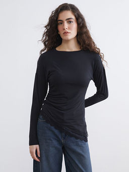 Bisiklet Yaka Dantel Detayl? B?zg?l? Bluz