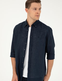 Lacivert Regular Fit %100 Keten G_mlek