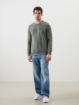 Bisiklet Yaka Bask?l? Erkek Kal?n Sweatshirt