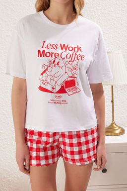 Trendyolmilla Kad?n Couple/Cift K?rm?z? %100 Pamuklu Ekoseli Sortlu Orme Pijama Tak?m? THMSS25PT00178 фото 4